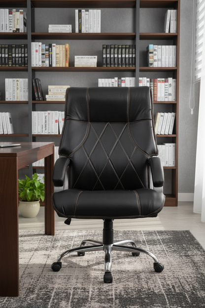 Black office chair shown from multiple angles on a gray background