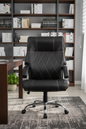 Black office chair shown from multiple angles on a gray background