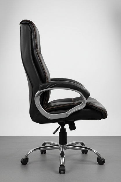 Black office chair shown from multiple angles on a gray background