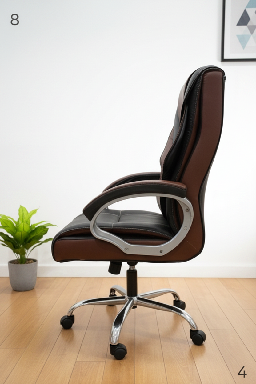 Brown and black office chair shown from multiple angles on a white background.