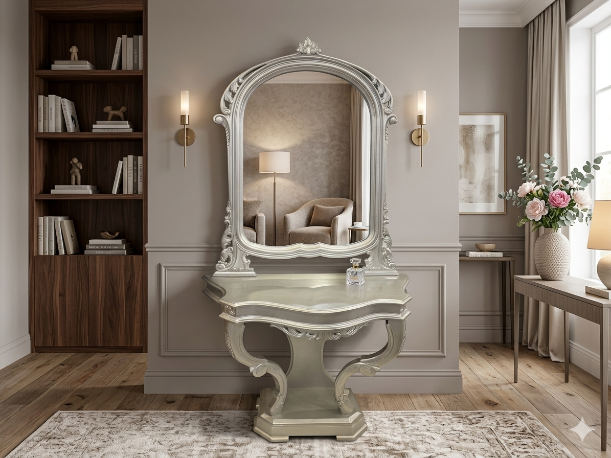 Decorative vanity table with mirror in a stylish room setting.