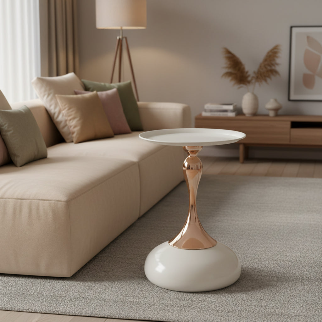 White Pedestal Side Table for Small Spaces, Metal Round Unique End Tables Living Room Modern Corner Accent Table, Martini Table Small Drink Table for Couch, Sofa, Recliner