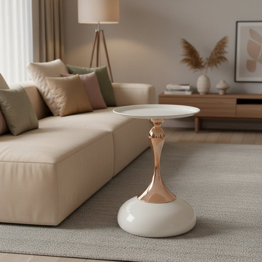 White Pedestal Side Table for Small Spaces, Metal Round Unique End Tables Living Room Modern Corner Accent Table, Martini Table Small Drink Table for Couch, Sofa, Recliner