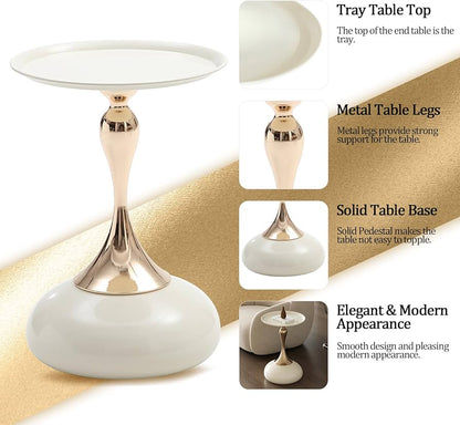 White Pedestal Side Table for Small Spaces, Metal Round Unique End Tables Living Room Modern Corner Accent Table, Martini Table Small Drink Table for Couch, Sofa, Recliner